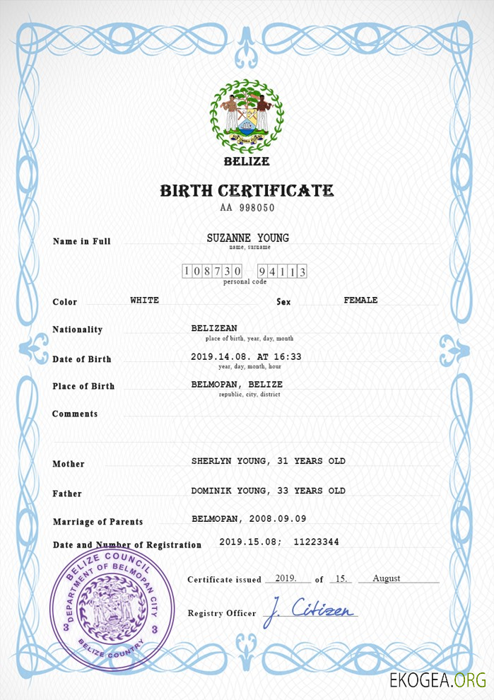 Modèle PSD de certificat de naissance de l'état civil du Belize